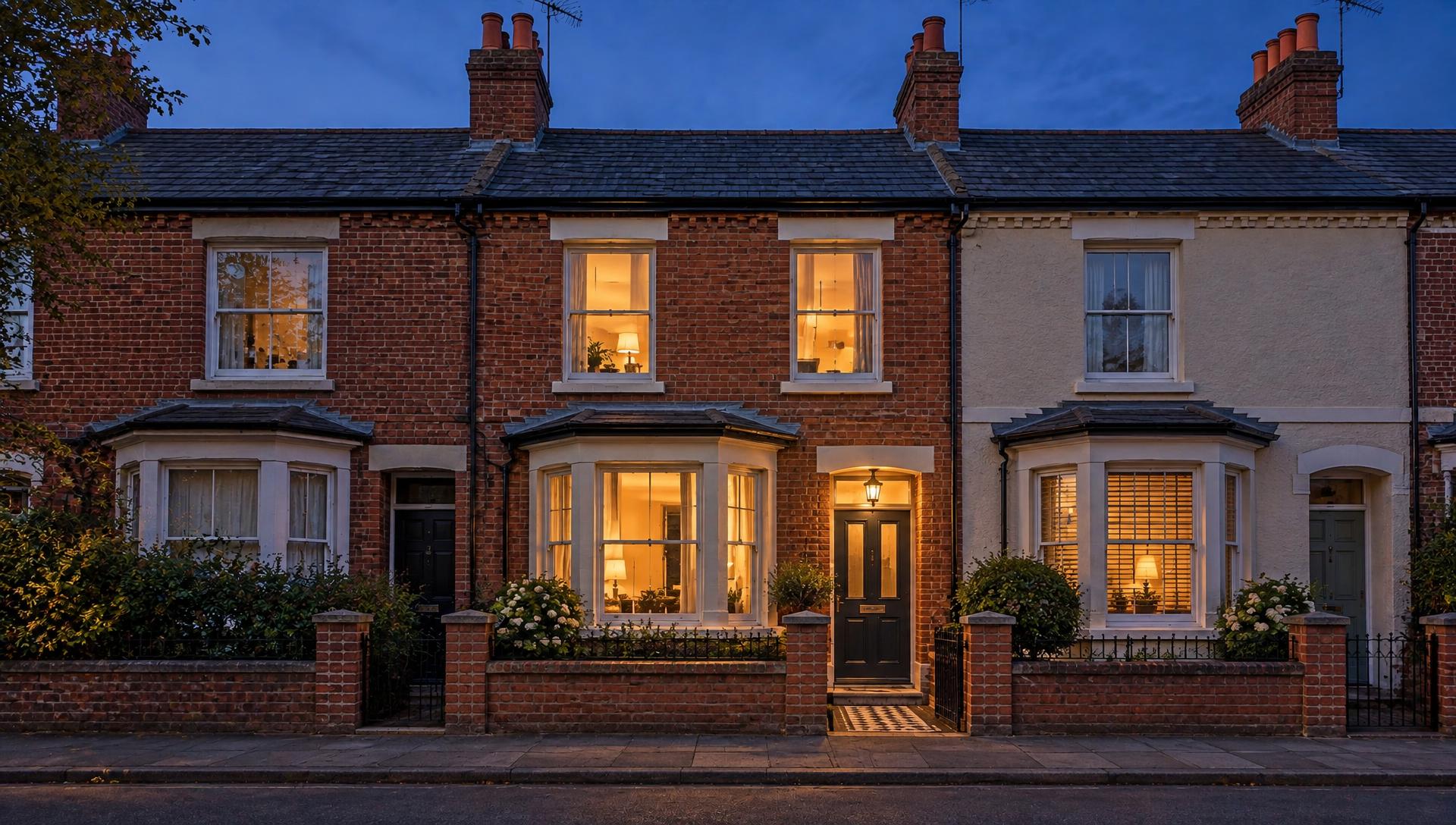 Terraced British brick home at dusk with warm lit windows