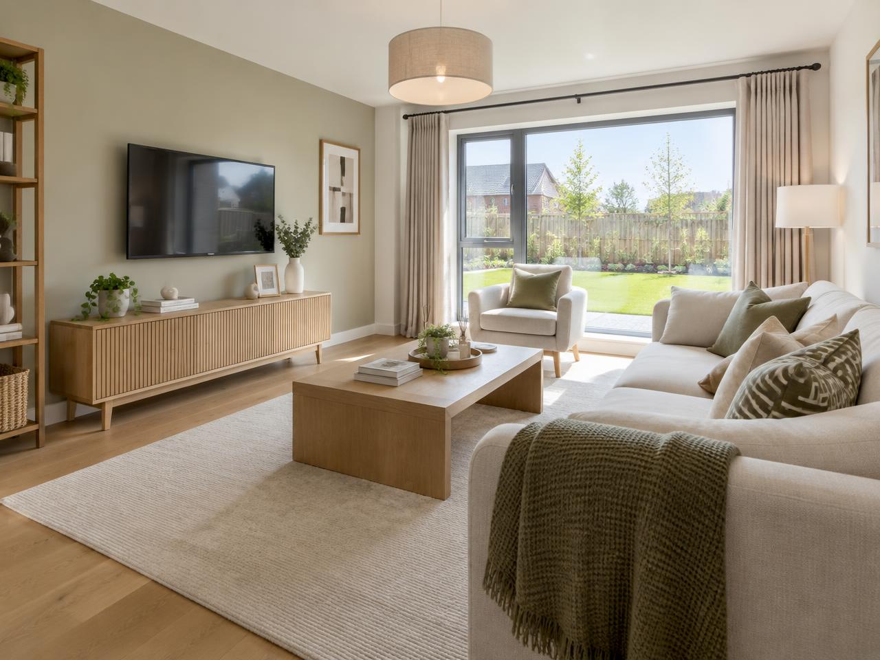 Bright contemporary living room with oak floor overlooking a garden