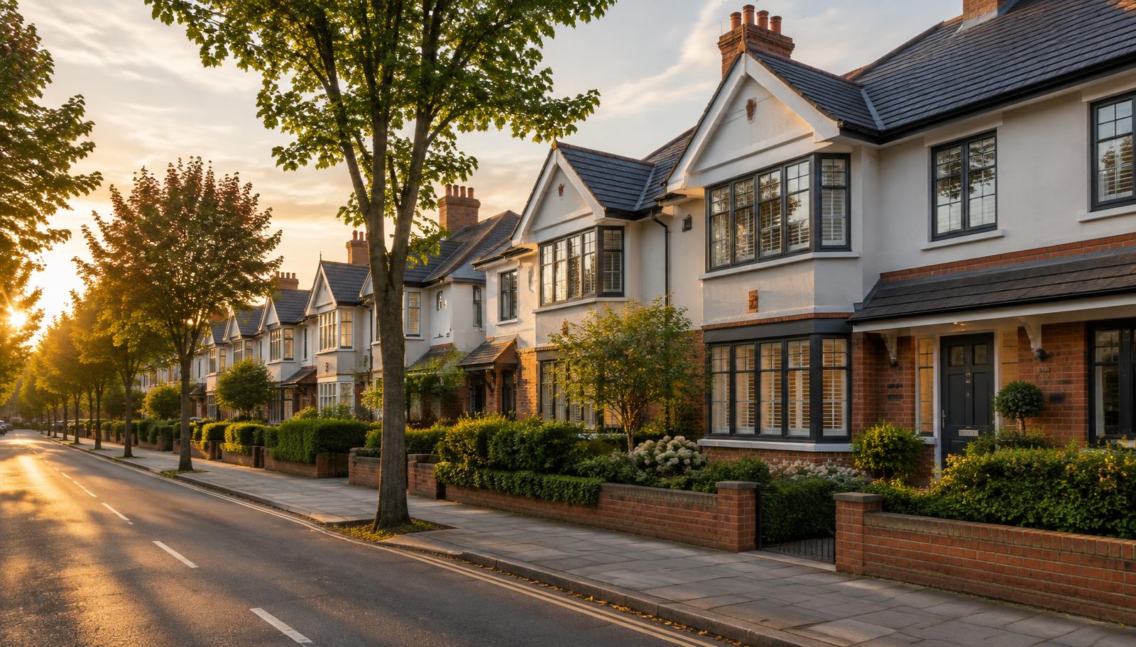 Tree-lined British residential street of semi-detached homes at golden hour